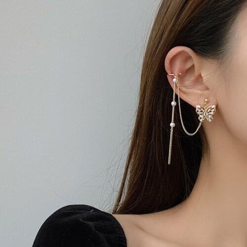 2021 New Fashion Fine Gold Butterfly Modelling Sweet Women Earrings Long Tassels Shiny Crystal Senior Drop Pearl Earrings