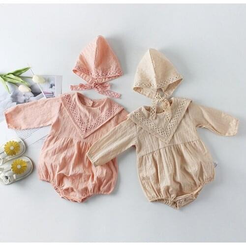 Spring Autumn Infant Baby Girls Rompers Baby Clothes Long Sleeve Lace Rompers + Cap Baby Girls Rompers 0-2Yrs