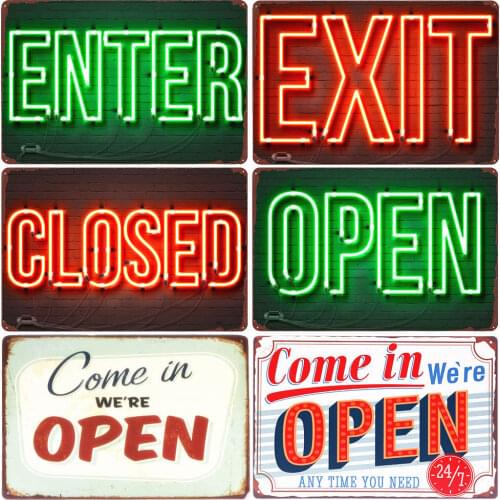"COME IN WE'RE OPEN " And " SORRY WE'RE CLOSED " Vintage Metal Sign Tin Poster Pub Bar Cafe Shop Entry and Exit Plaque A409