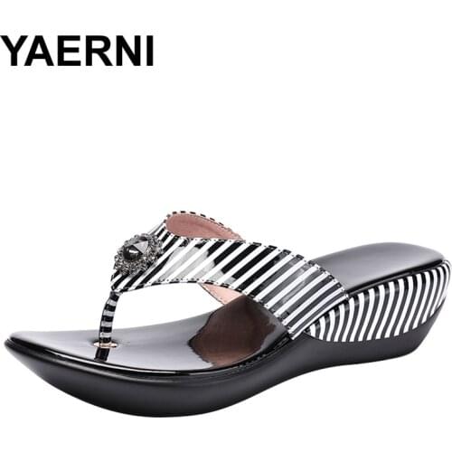 YAERNI 2019 Summer Platform Flip Flops Fashion Beach Shoes Woman Anti-slip Genuine Leather Sandals Women Slippers Shoe