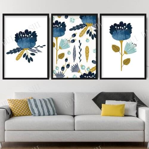 Mix and Match Abstract Spring Floral Blue Yellow Art PRINT Falling Flowers Leaves Wall Art Picture Gallery Wall Poster Decor