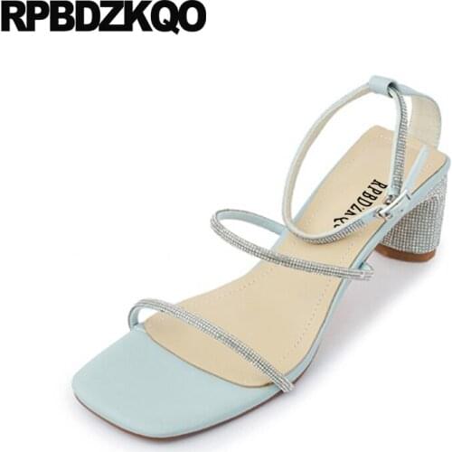 Diamond Shoes Crystal Ankle Strap Rhinestone Gladiator Sandals High Heels Bride Jewel Pumps Women Strappy Blue Bling Block Roman
