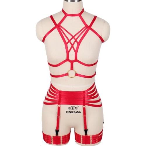 Elastic Goth Party Rave Wear Sword Belt Bdsm Hollow Out Erotic Lingerie Women Harness Bra Body Harness Garter Sexy Stockings Set