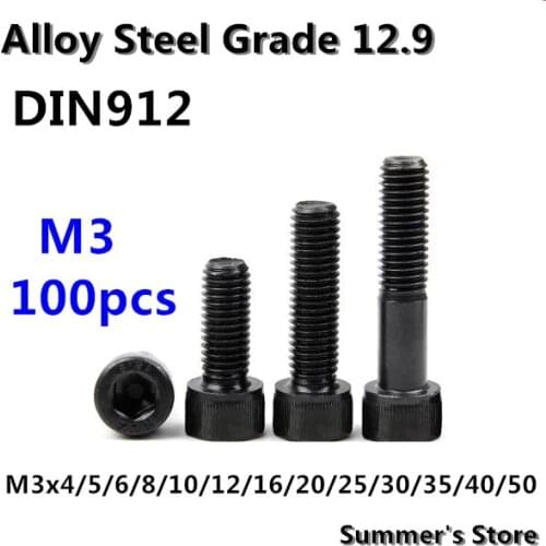 100pcs/lot DIN912 M3 Hex Socket Head Cap Screw M3*4/5/6/8/10/12/16/20/25/30/40/50mm Alloy Steel screw M3 black long screw bolts