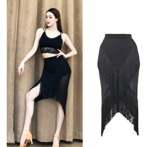 Latin Dance Skirt Women Sexy Split Black Tassel Fringe Skirts Ladies Samba Salsa Cha Practice Performance Dancing Clothes DN2650