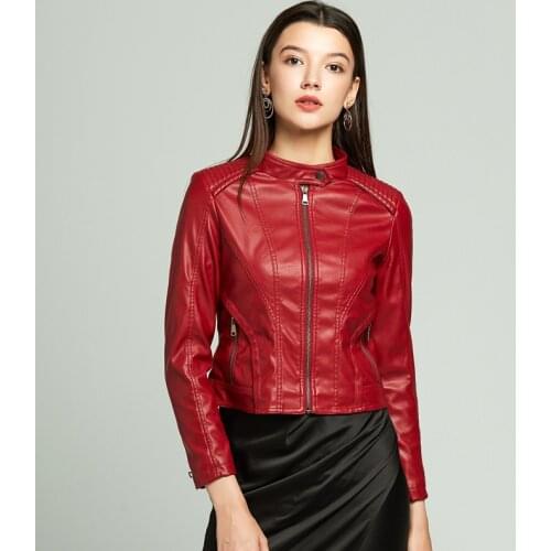 2020 Autumn Womens PU Leather Jacket Fashion Slim Fit Short Style Leather Coat Female Stand Collar Female Jacket Dropshipping