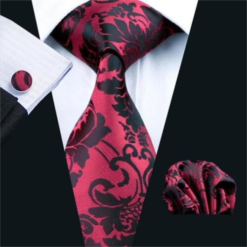 FA-757 Gents Necktie Red Floral 100% Silk Jacquard Tie Hanky Cufflinks Set Business Wedding Party Ties For Men Free Shipping