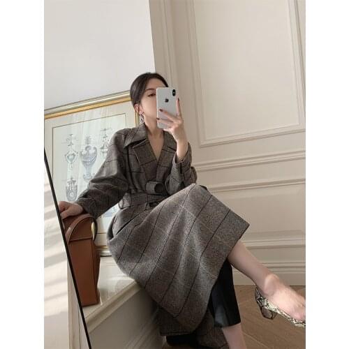 Womens Plaid Coat Womens Middle Long British Style Simple Niche Design Autumn and Winter Coat