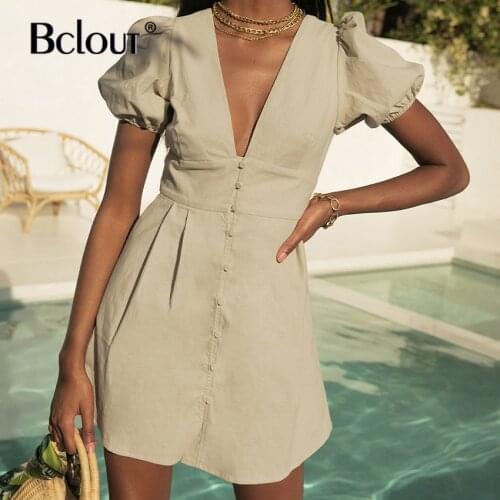 Bclout Purple Latern Sleeve Single Breasted Shirt Dress Women Summer Sexy Bodycon A-Line Dresses Black V Neck Short Robe 2021