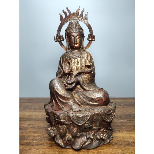 11"Tibet Buddhism Old Bronze Lacquer Cinnabar Flame Ruyi Guanyin Bodhisattva Statue Sitting Buddha Enshrine the Buddha