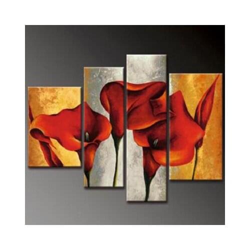 4 pcs Hand Painted Home Decor Canvas Painting Red Callas Legend-Modern Canvas Art Wall Decor-Floral Oil Painting Wall Art
