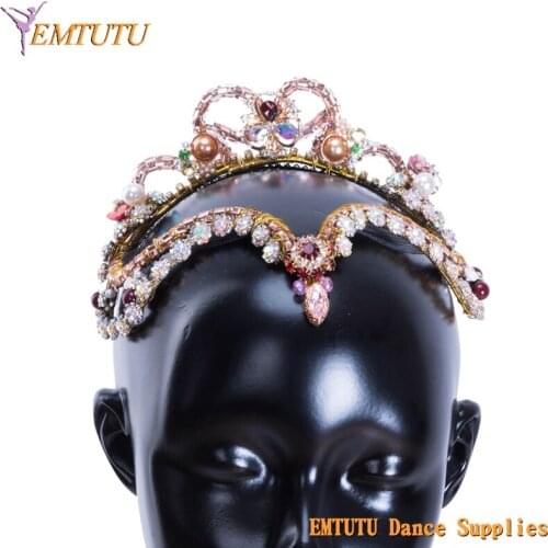 Aurora Pink Gold Professional Ballet Tiara Ballet Crown Women Girls Sleeping Beauty Ballet Headpiece Handmade Ballet Headwear