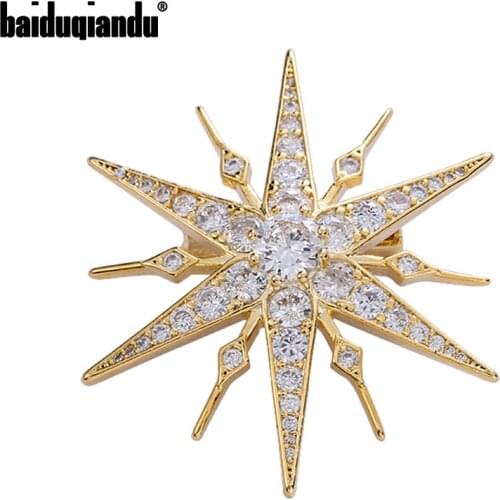 Baiduqiandu Women Men Cubic Zirconia Starburst Brooch Gold Silver 2-Color Exquisite Collar Pins Casual Office Brooches Pins