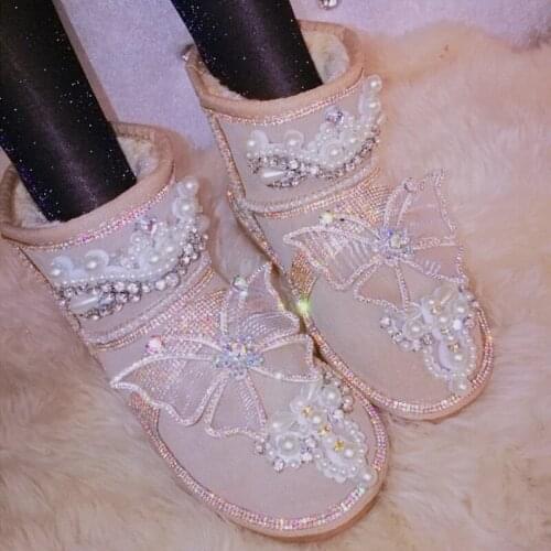 Butterfly Girls heart water drill snow boots leather round toe short boots womens winter explosion flash shoes