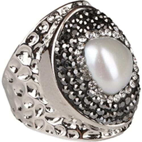 Freshwater pearl bead micro pave rhinestone beads wrapped resizable wide open hammered gold ring cuff for woman