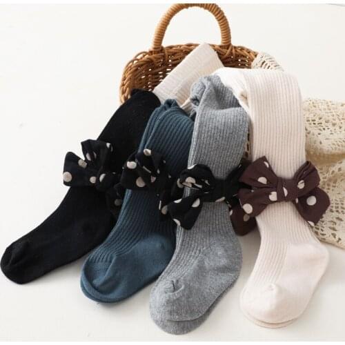 0-6Y Kids Girls Pantyhose Tights 4 Colors High Waist Ribbed Leggings Pants with Dots Bowknot