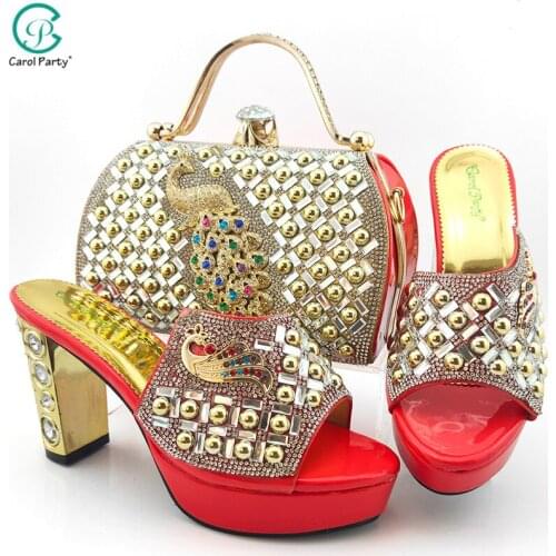 Italian Design Nigerian Special Phoenix Shape Metal Decoration Style Party Women Shoes and Bag Set With Platform in Coral Color