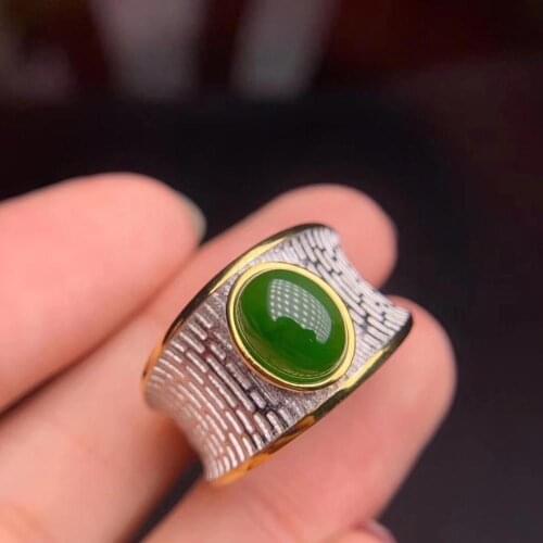 Natural and Real Original 925 Sterling Silver inlaid Natural Hetian Jade ring
