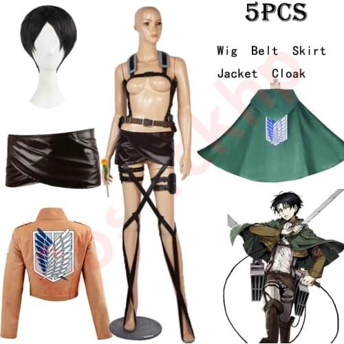 Anime Attack on Titan Levi Ackerman Cosplay Costume Set Wig Jacket Cloak Leather Harness Belt Apron Skirt Scouting Legion Cape