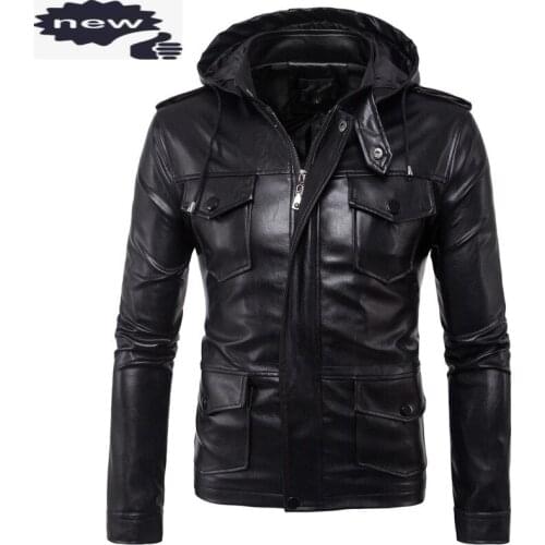 Pu Leather Jacket Men Multi Pockets Epaulet Hooded Jackets Large Size M-5XL Casaco Masculino Motor Biker Homme Outwear Coats
