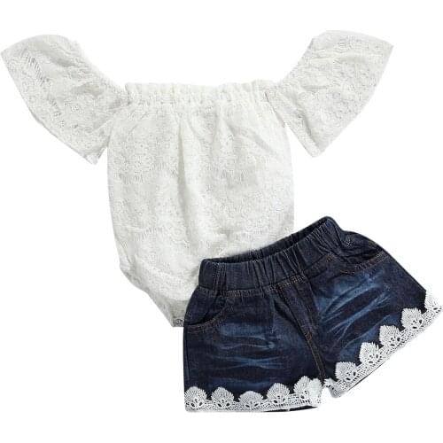 2 Pcs Baby Girls Summer Outfits, Off-shoulder Floral Lace Boat Neck Short Sleeve Romper + Solid Color Jeans with Pockets