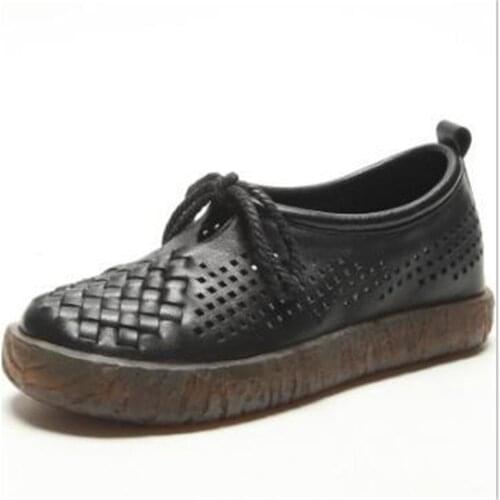 Women Vulcanized shoes woman Casual Loafers Shoes Genuine Leather Lace Up Flat shoes Round Toe Classics Hollow out women shoes