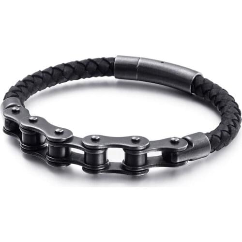 Punk Fashion Motorcycle Chain Woven Leather Personality Men Bracelet