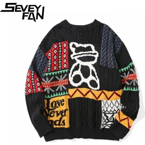 SEVEYFAN Mens Fashion Cartoon Bear Jacquard Sweaters Color Contrast Twisted Kintwear Hip Hop Pullover Sweater for Couples