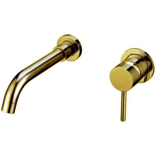 Gold color Round Style Solid Brass Wall Mounted Basin Faucet Single Handle Mixer Tap Hot & Cold Water