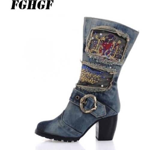 The new 2018 womens shoes fall and winter high heels wear beaded denim and stiletto womens boots knight boots