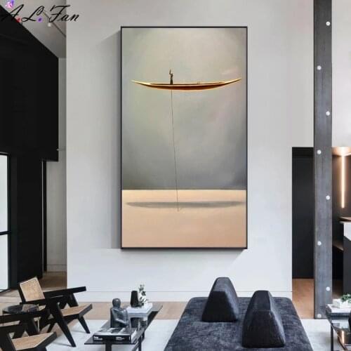 New chinese style gold boat canvas poster abstract natural landscape painting print art wall pictures for living room home decor