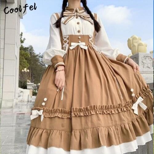 Japanese Gothic Style Lolita Dress Vintage Bandage Ruffles Bow Tie Splice Dress Cosplay Princess Lolita Dress