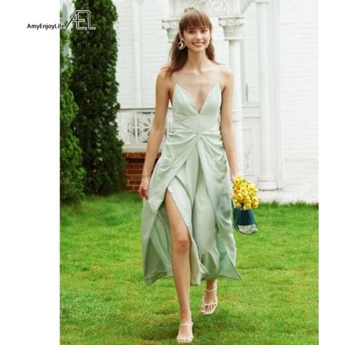 AEL Slit Wrap party Dress mint green Plunge Neck Backless Women Sexy Draped Long Dresses Straight Irregular Slip Dress