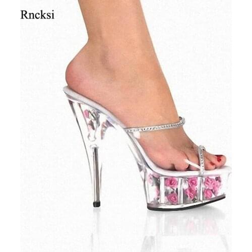 Rncksi 6 Inch Flower Crystal Shoes Romantic Rose Bride Wedding Shoes 15cm Ultra High Heels Platform Transparent Crystal Slippers