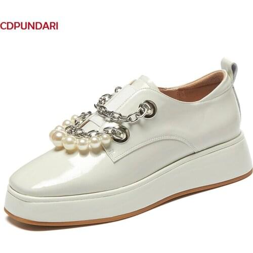 Fashion String Bead Black White Genuine Leather Flat Platform Shoes Women Spring Summer Casual Flats Ladies Popular Loafers
