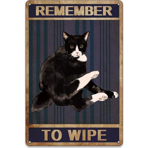 Funny Home Bathroom Wall Decor Vintage Cat Art Remember to Wipe Metal Tin Sign Black Cat Signs Retro Home