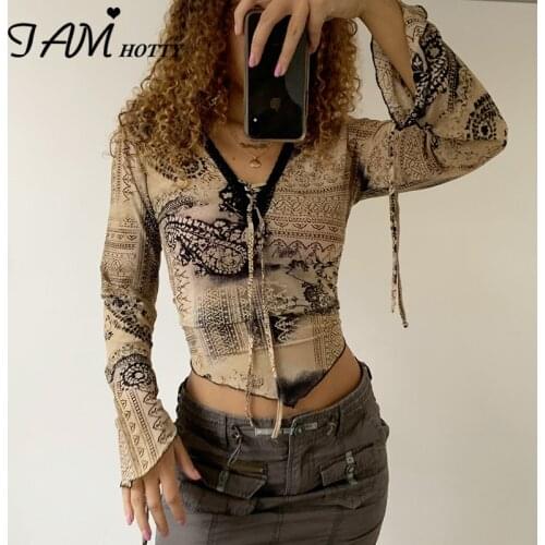 Retro Print T Shirt Women Aesthetic Grunge Clothes Flare Long Sleeve Tops Casual V-neck Lace Up Pullovers Autumn Shirt Iamhotty