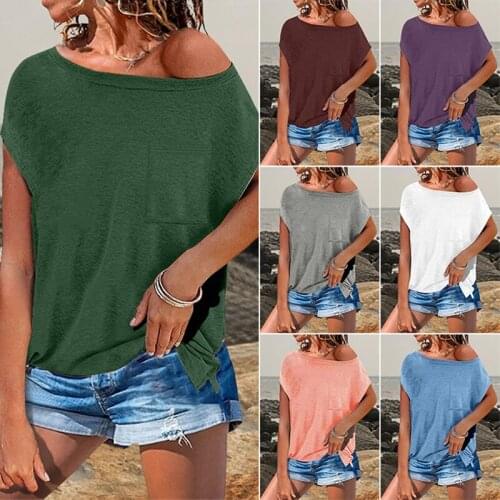 Womens Fashion Casual Solid Color Pocket Round Neck Short Sleeve T-Shirt Top
