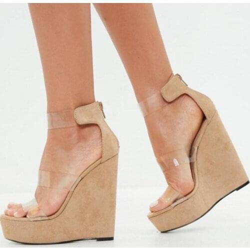 Moraima Snc Wedge Sandals Clear Shoes Open Toe Ankle Strap Sandals Sexy Platform Shoes for Woman Super High Clubwear Heels