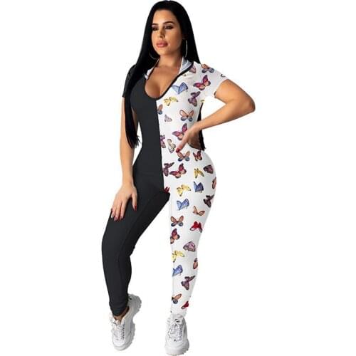 Sexy Casual Jumpsuit Women Summer 2020 New Butterfly Print Backless Hooded Fitness Elegant Bodycon Club Rompers Womens Jumpsuit