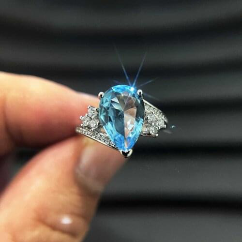 925 Silver New Fashion Luxury Diamond Drop-shaped Imitation Natural Blue Topaz Adjustable Engagement Ring For Women Fine Jewelry