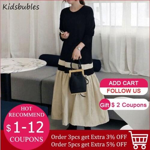 Tiered Docking Dress Maxi Length Long Sleeve Switching Round Neck Ladies Fashion Color Scheme A Line Dressing Korean Style Dress