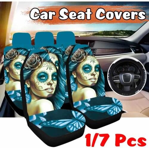 1/7PCS Car Seat Covers 3D Animal Wolf Skull Printing Universal Set Protector Cushion Full Cover For Most