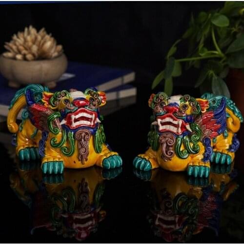 2pc/set Living Room Ceramic Art Ornaments Handmade Town House Sinful Evil Lions Chinese Traditional Gift