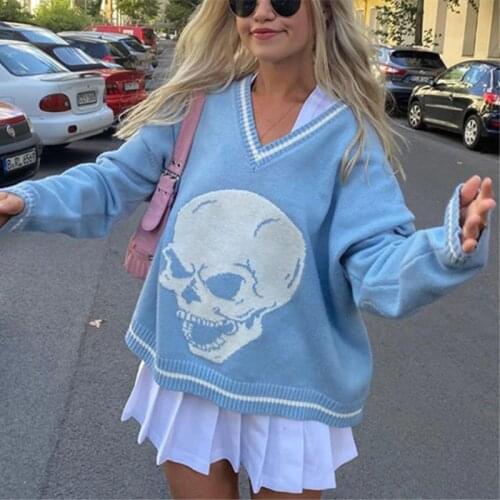 2021 Autumn Sweaters Skulls Pullovers Knitwear New V Neck Fashion Loose Tops Women Harajuku Casual Retro Y2k Blue Streetwear 90s