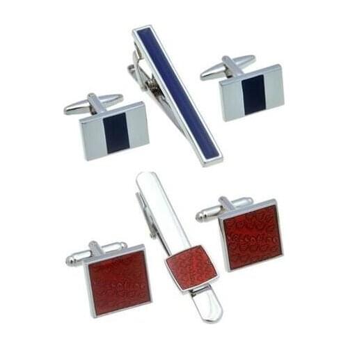 5sets/lot Copper Blue Enamel Cufflinks Tie Clip Set Red Plating Cuff Links&Tie Pin Bar Set Valentines Day Gift Mens Jewelry