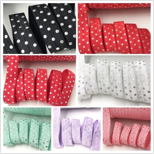 7colors for choose 5/8'' Gold&Silver Foil Polka Dot Print Fold Over Elastic FOE Hair Tie Ribbon for DIY Head wear Hair Accessory