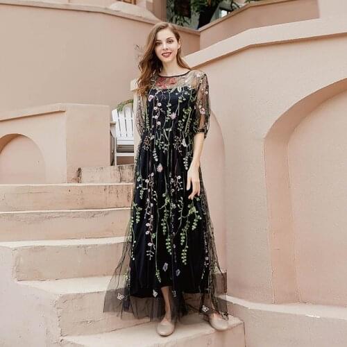 M To 4XL Plus Size Dresses Female Floral Embroidery Summer Party Long Dress for Women Party Robes T30031