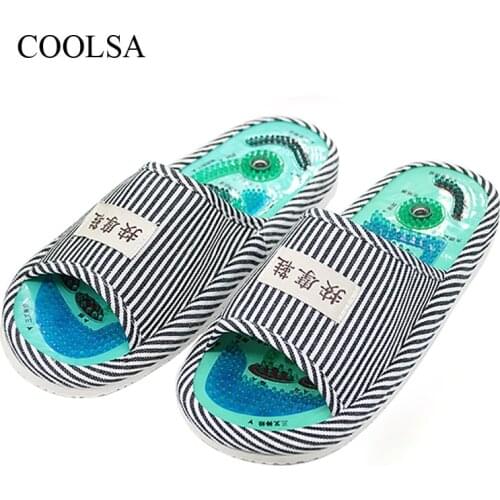 COOLSA New Arrival Mens Blue Stripe Essential Health Care Taichi Acupuncture Foot Massage Slippers with Magnet Indoor Shoes