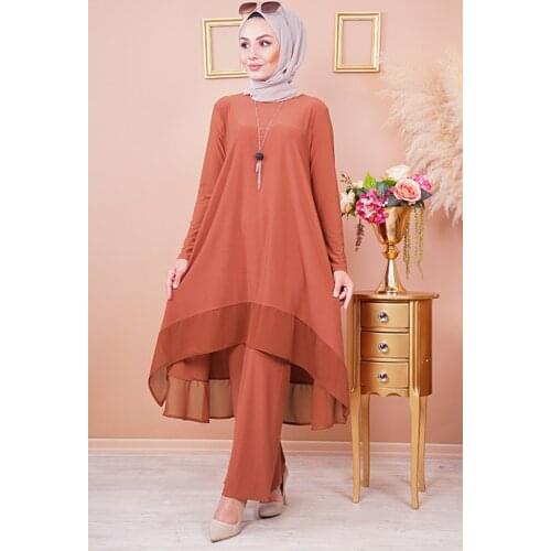 Eteği Şifon Kiremit İkili Takım Tesettür Tunik Pantolon Takım
